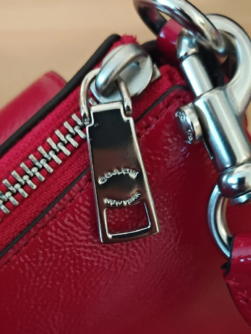 Coach Red Patent Leather Shoulder Bag with Buckle Pockets - Picture 5 of 5